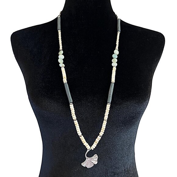 Long Beaded Necklace Leaf Pendant Cream Green Blue 33 Inch Length - Picture 1 of 3